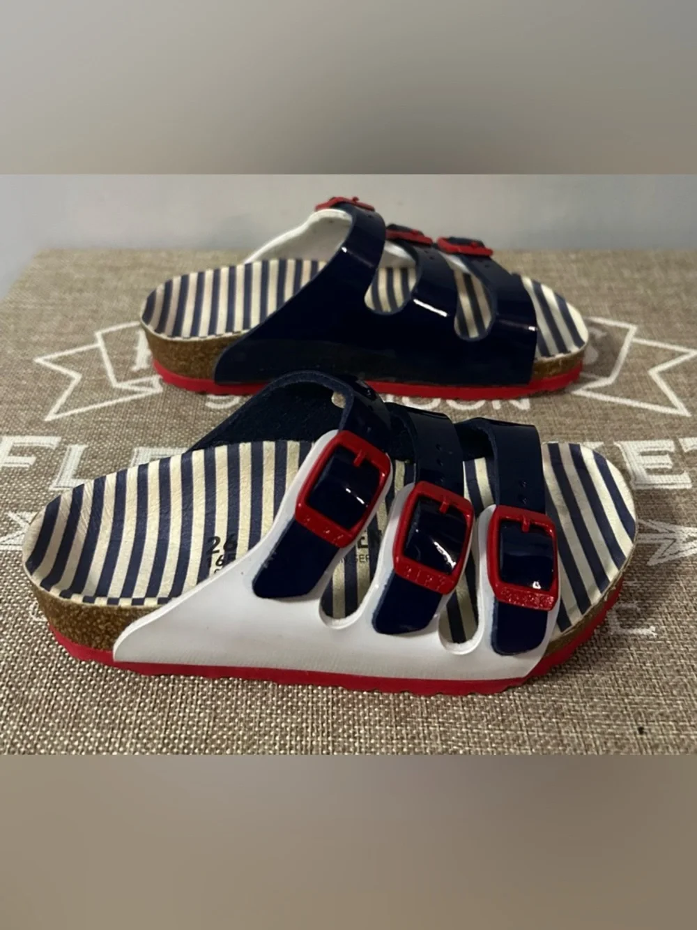 Kids Birkenstock Florida Style Navy, White & Red Triple-Buckle Sandals
